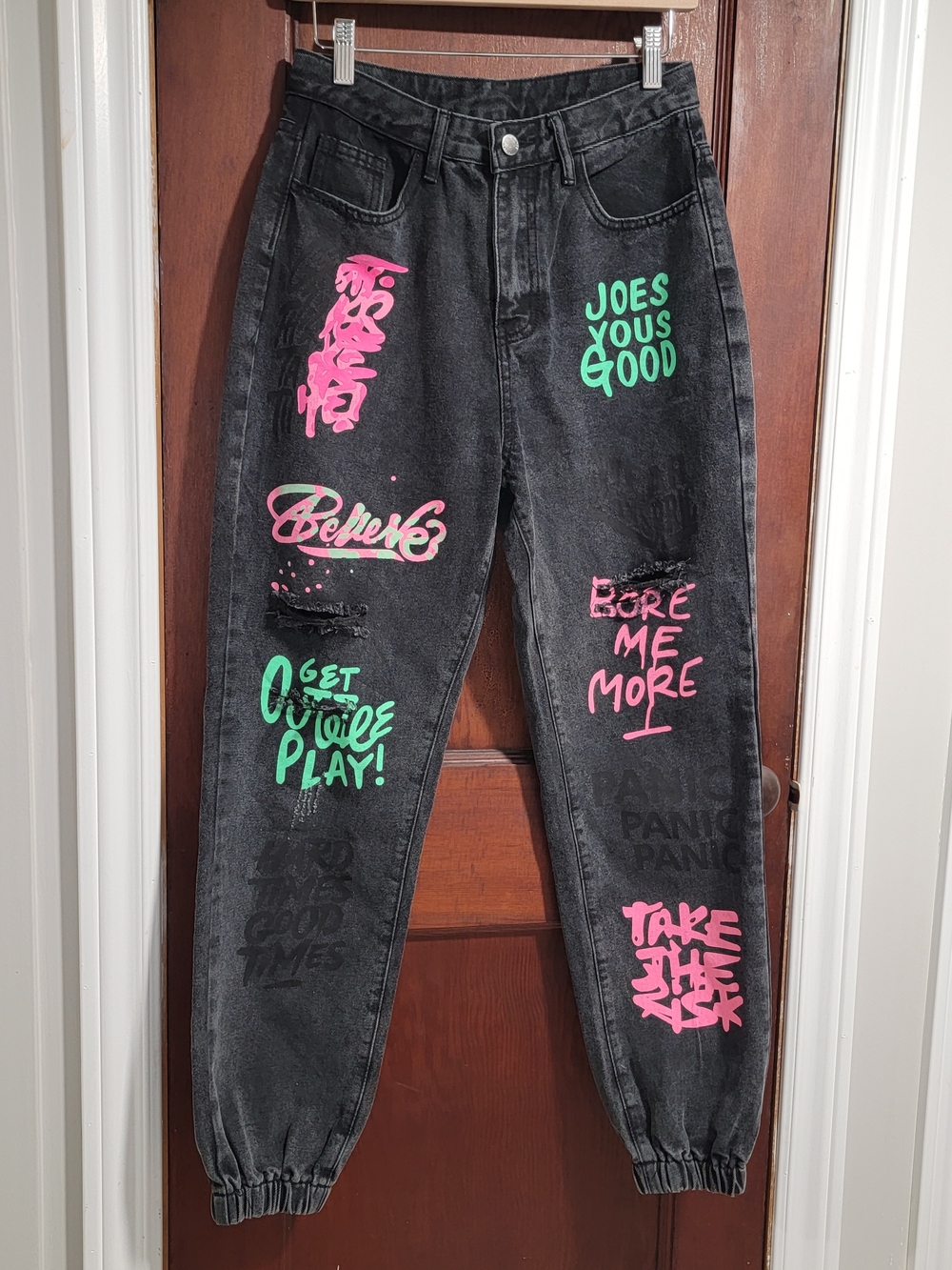 Black Wash Graffiti-Print Women's Jeans Y2k Retro New | Size XS-S
